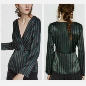 Zara Women’s Satin Black/Green Stripe Satin Wrap Blouse Top w/ Tie Sz Med